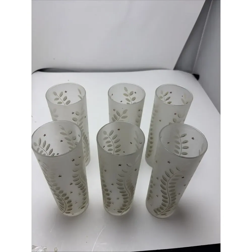 6 Libbey Tom Collins Zombie Frosted Glasses Ferns & Gold Stars 12oz 7x2.5